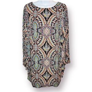 Love FIRE Pleated Wide Arm Shift Dress Mediterranean Stain Glass Print Multi M